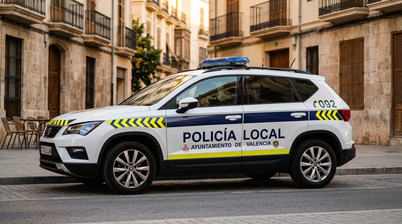 Vehículo de policía local con identificación de agente en plataforma