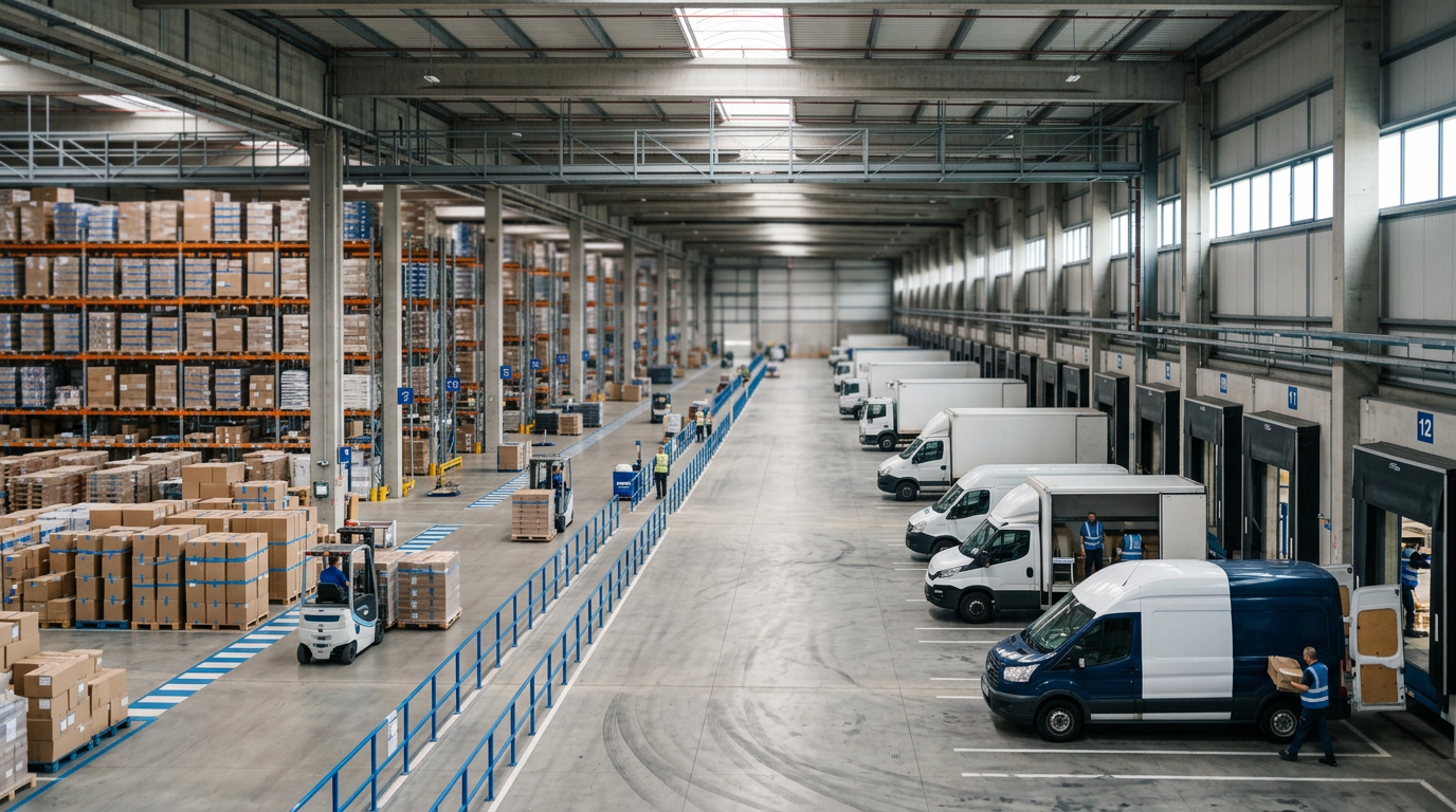 Centro logístico con vehículos comerciales