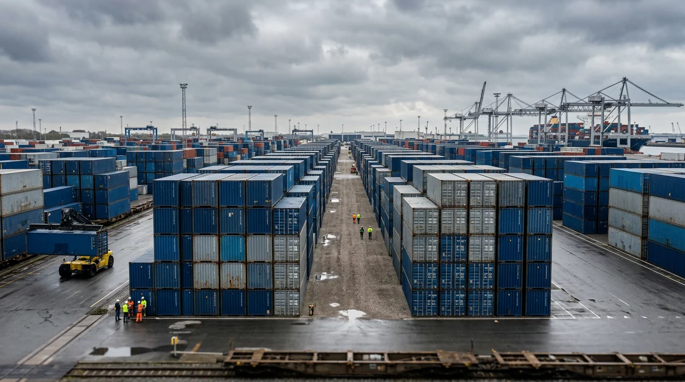 Contenedores marítimos apilados en terminal logística intermodal
