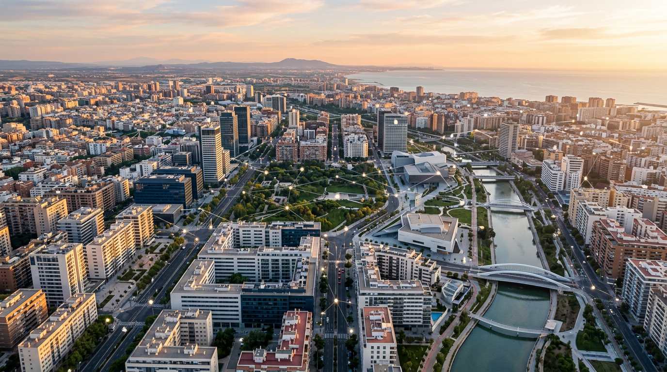 Vista aérea de ciudad inteligente con red de sensores urbanos