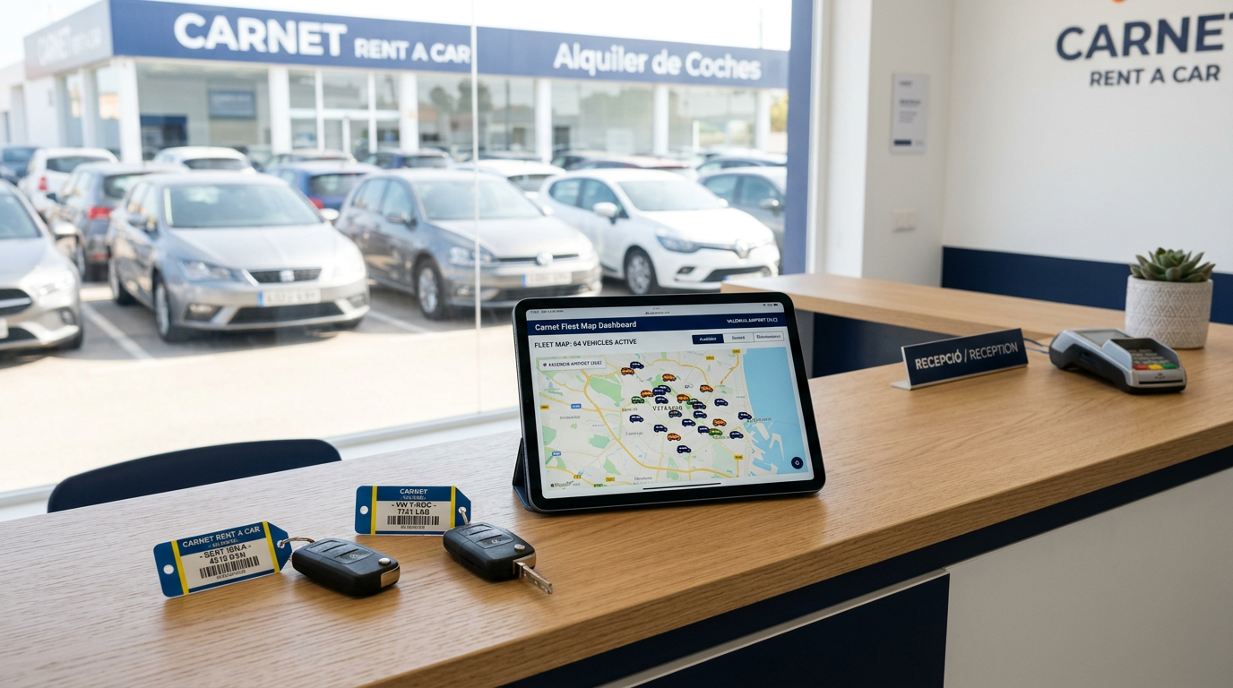 Mostrador de rentacar con llaves y tablet de gestión de flota