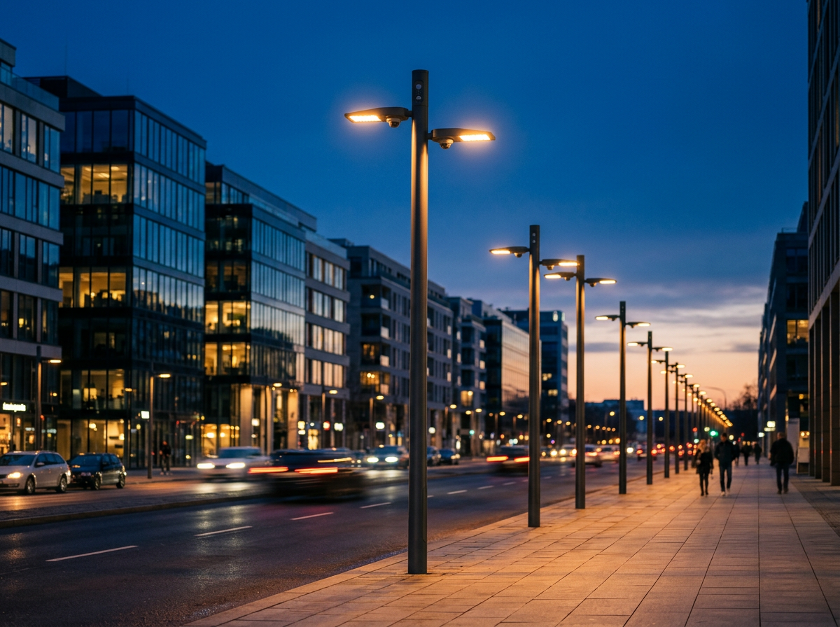 Farolas LED inteligentes al atardecer