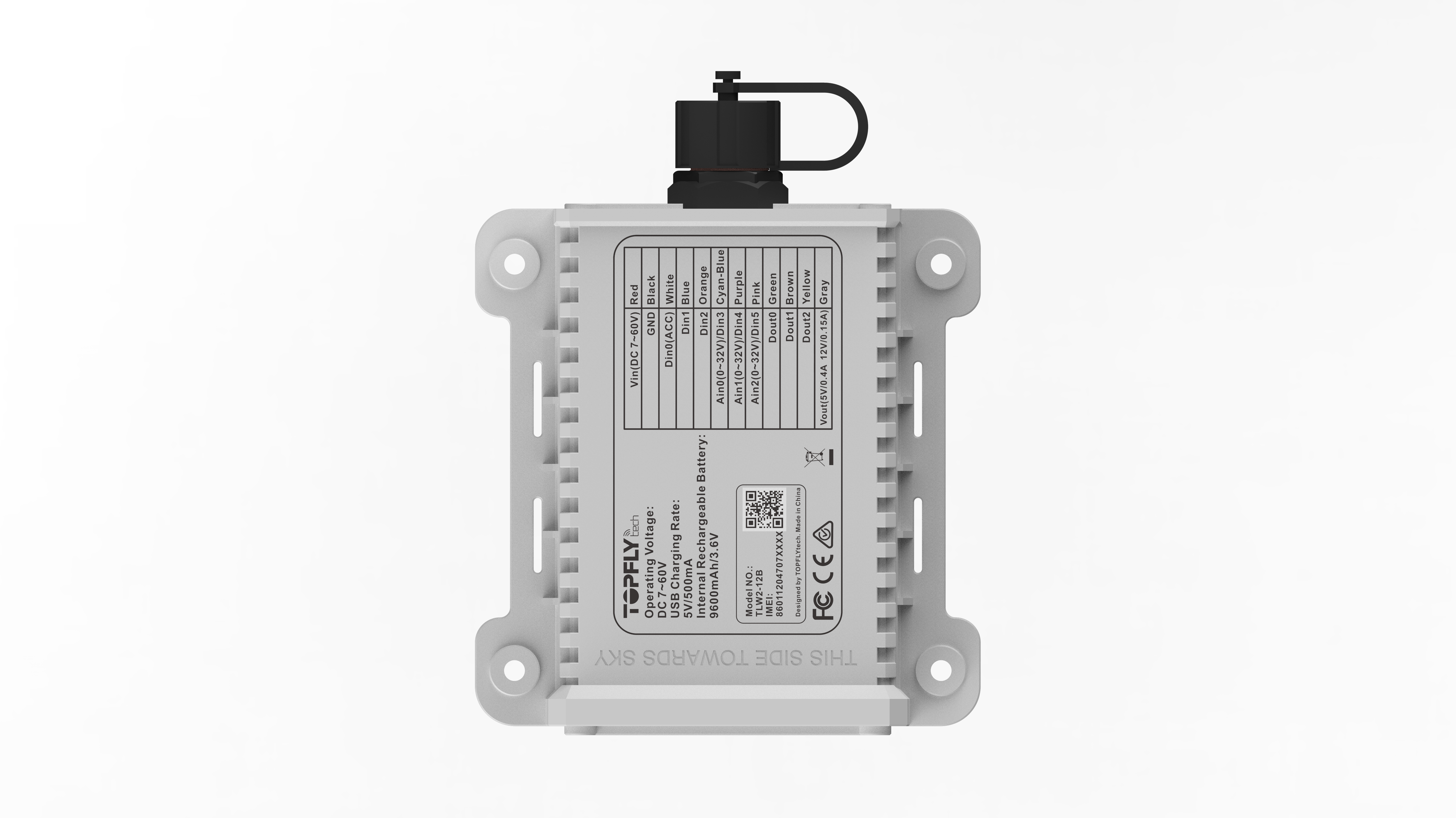 Tracker GPS TLW2-12B TopFlytech: vista frontal con batería autónoma de 9600 mAh para remolques