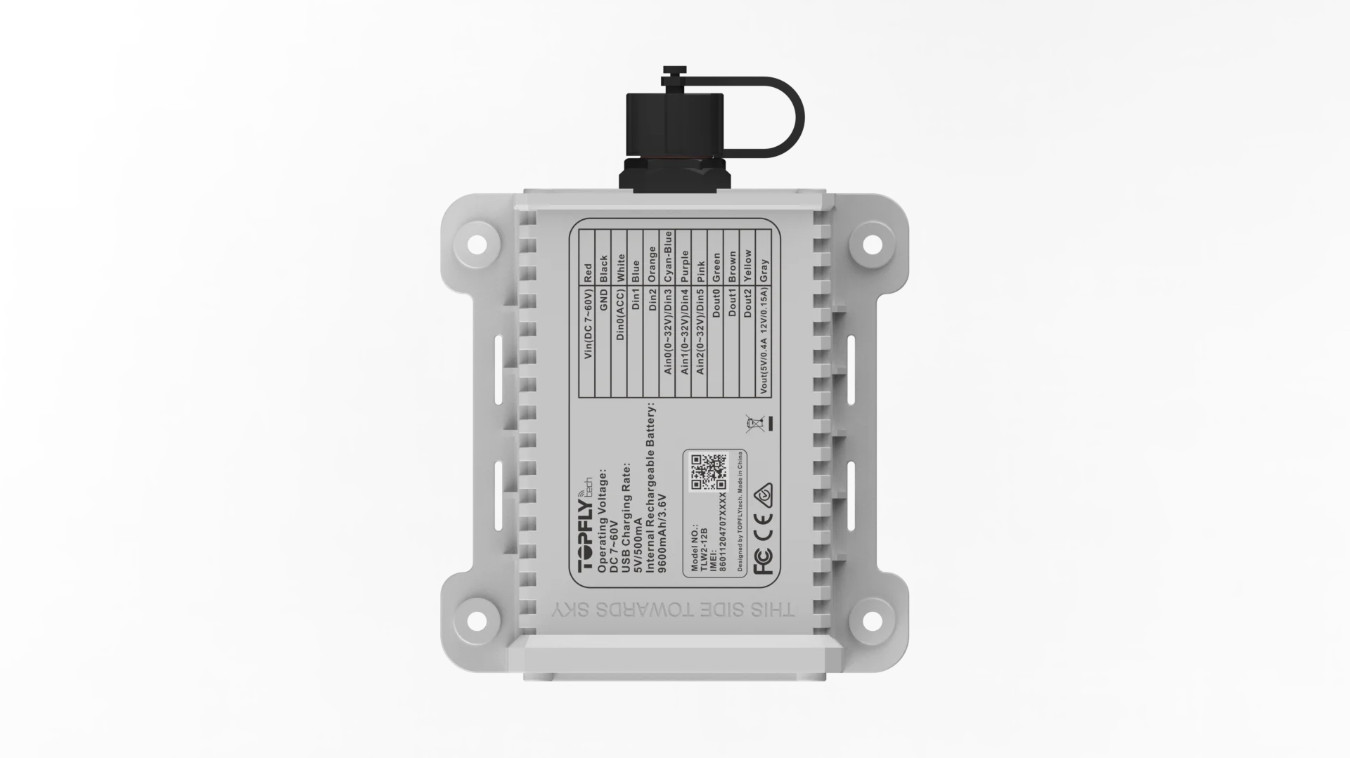 Tracker GPS TLW2-12B TopFlytech: vista frontal con batería autónoma de 9600 mAh para remolques
