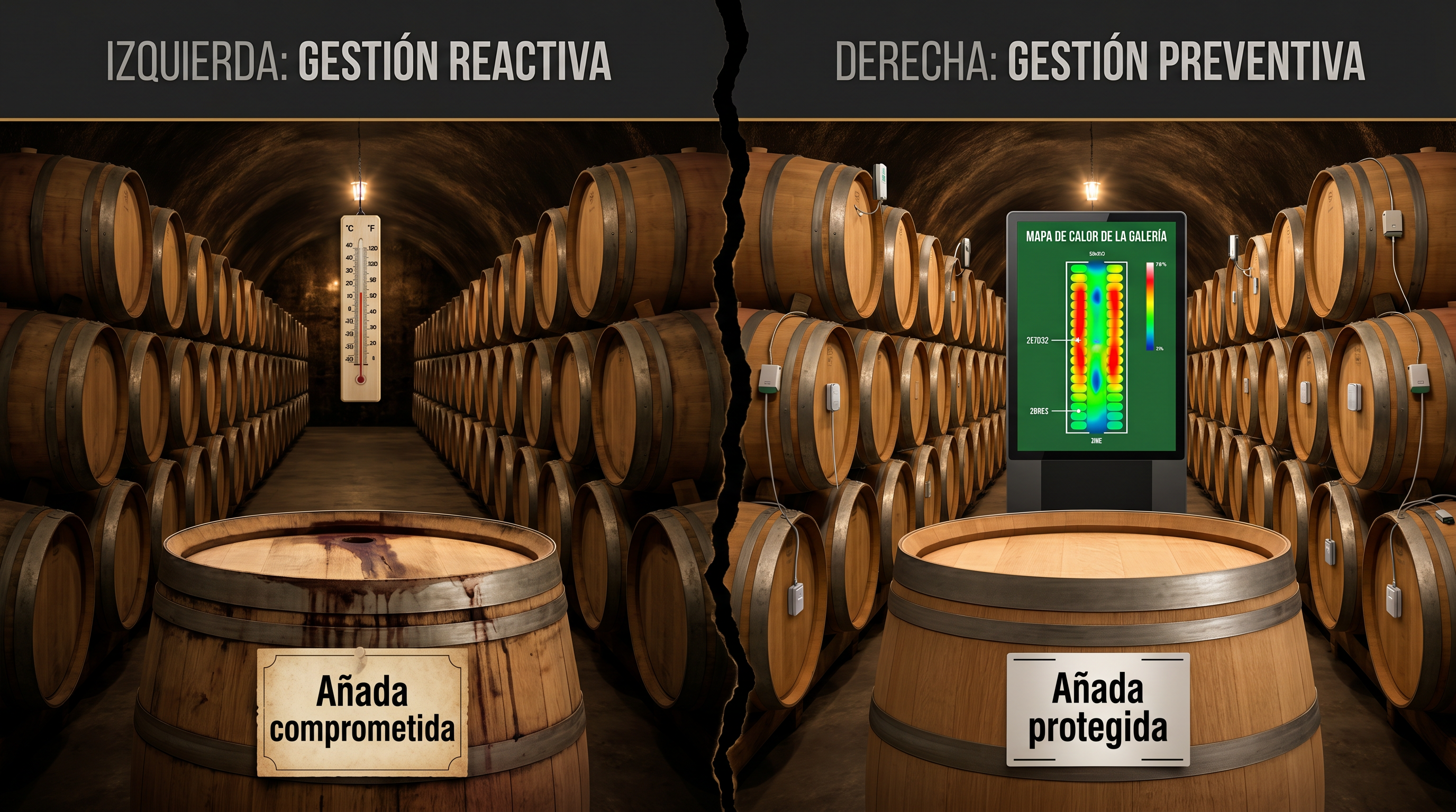 Composición dual: galería con termómetro analógico y barrica con añada comprometida frente a galería con sensores distribuidos y mapa de calor y barrica con añada protegida