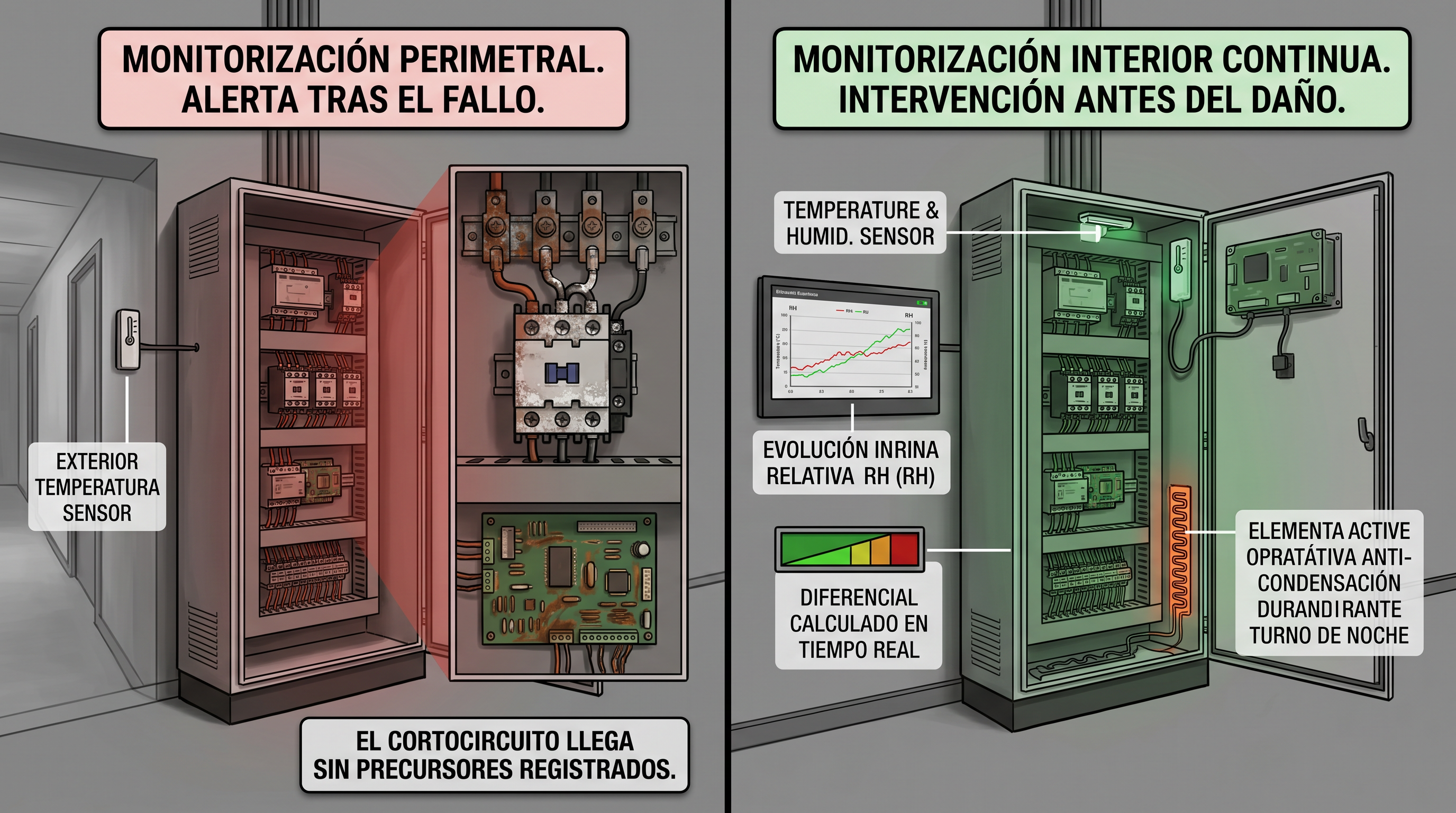 Comparativa armario eléctrico con monitorización perimetral vs. sensor humedad interior continuo