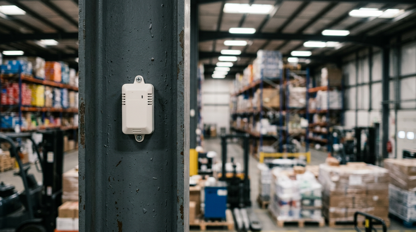 Sensor IoT inalámbrico de temperatura y humedad instalado en una columna de nave industrial, con calibración trazable para registro PRL
