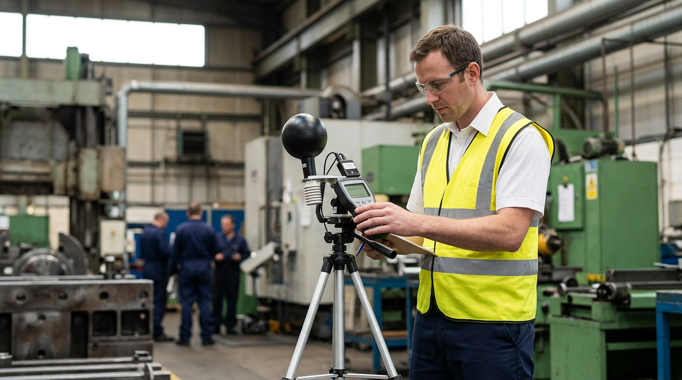 Técnico de prevención de riesgos laborales realizando la medición oficial de estrés térmico WBGT con instrumento de globo en una instalación industrial