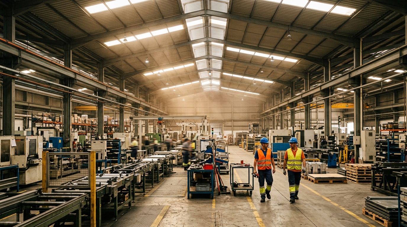 Interior de nave industrial española con cubierta de chapa y trabajadores: el calor estival convierte la temperatura en un riesgo laboral regulado por el RD 486/1997