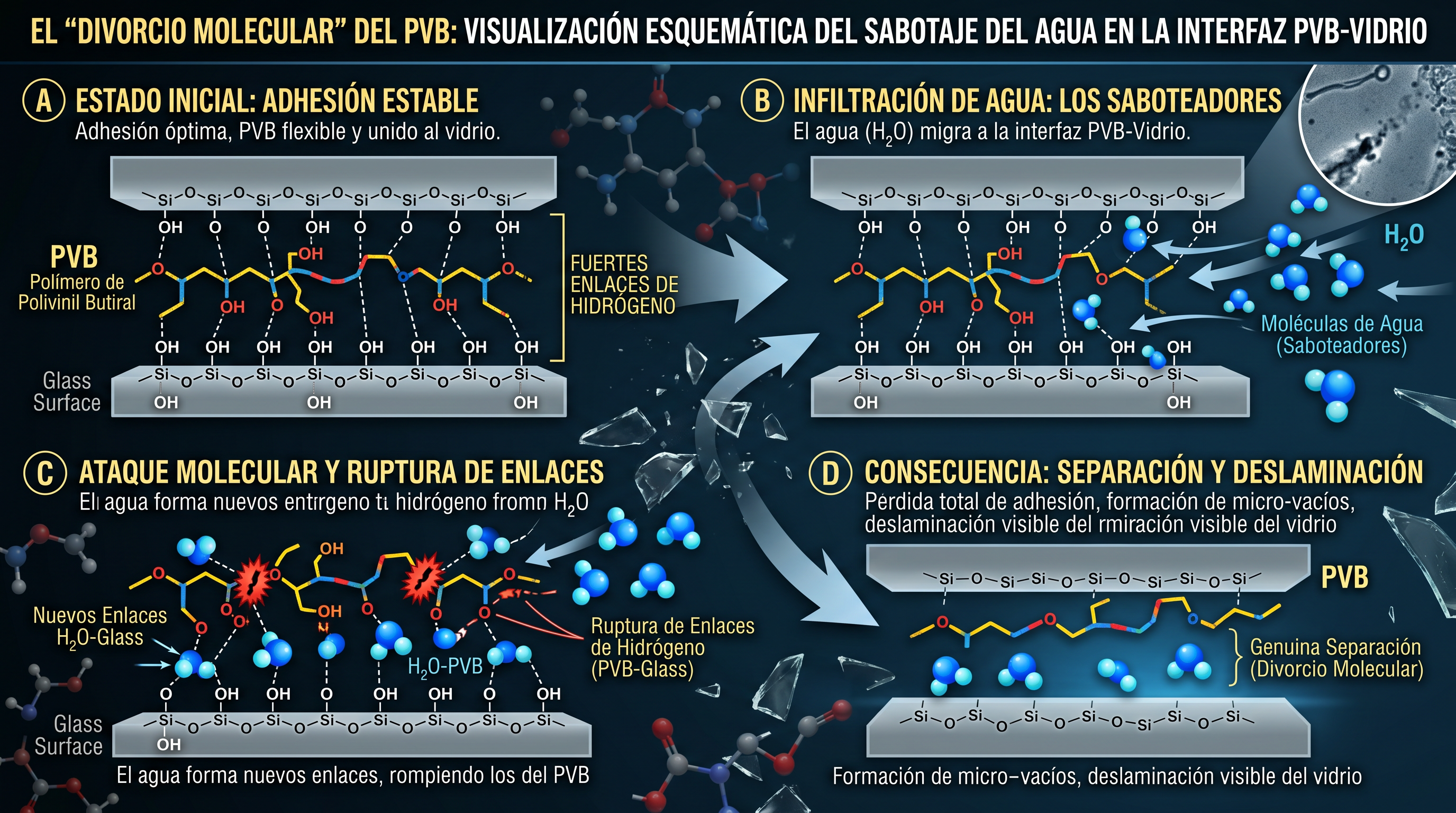 Infografía del divorcio molecular del PVB: moléculas de agua rompiendo los enlaces de hidrógeno entre el intercalario y la superficie del vidrio