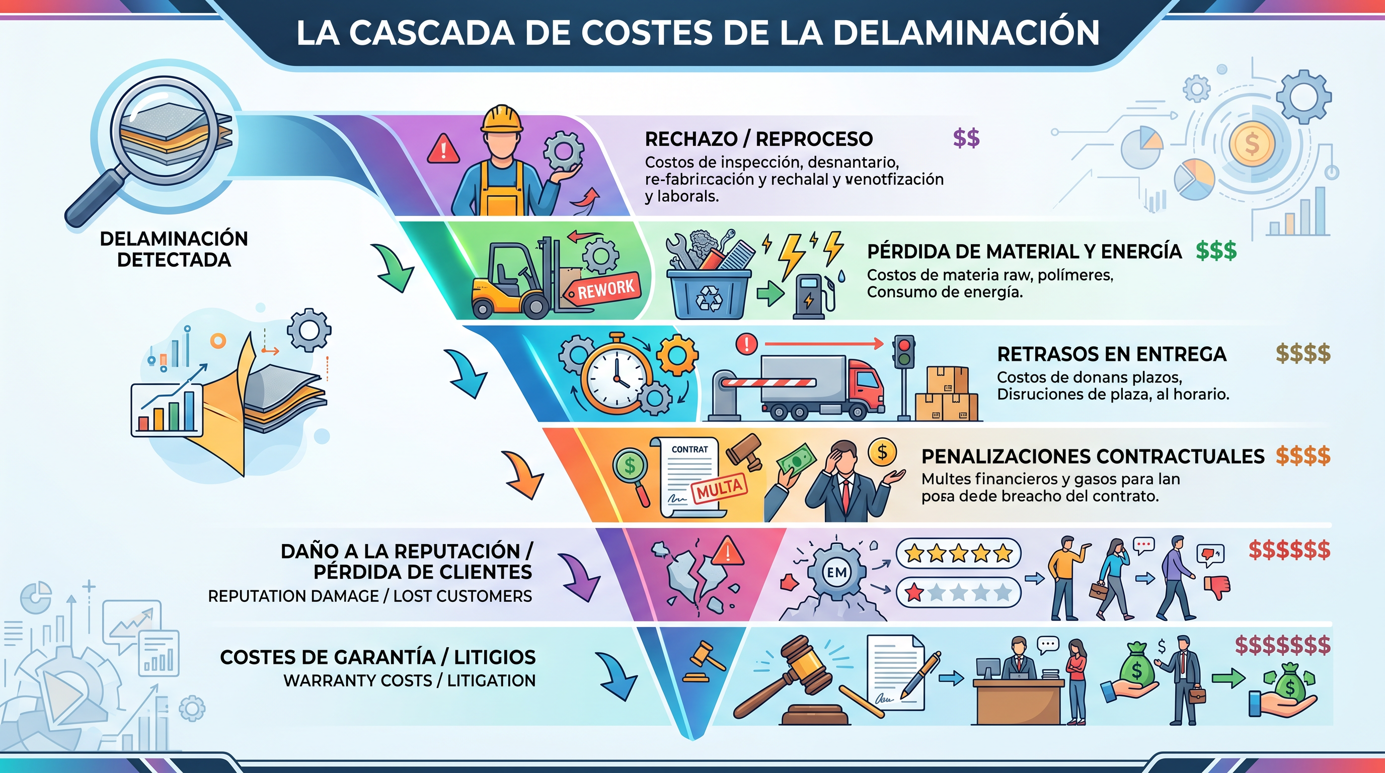 Infografía de la cascada de costes de la delaminación: del rechazo y reproceso hasta el daño reputacional y los litigios