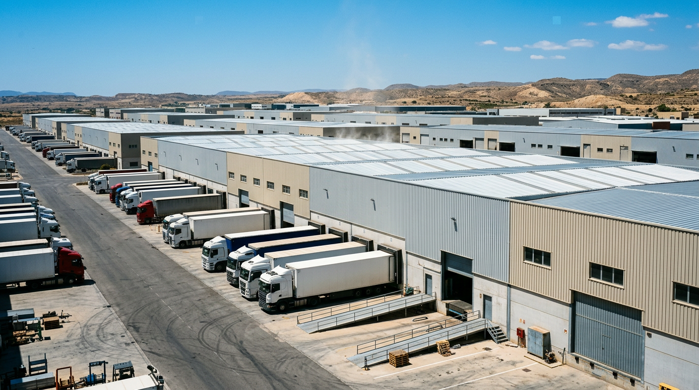 Polígono industrial español con naves de cubierta de chapa bajo el sol de verano: el escenario donde el estrés térmico se convierte en riesgo laboral