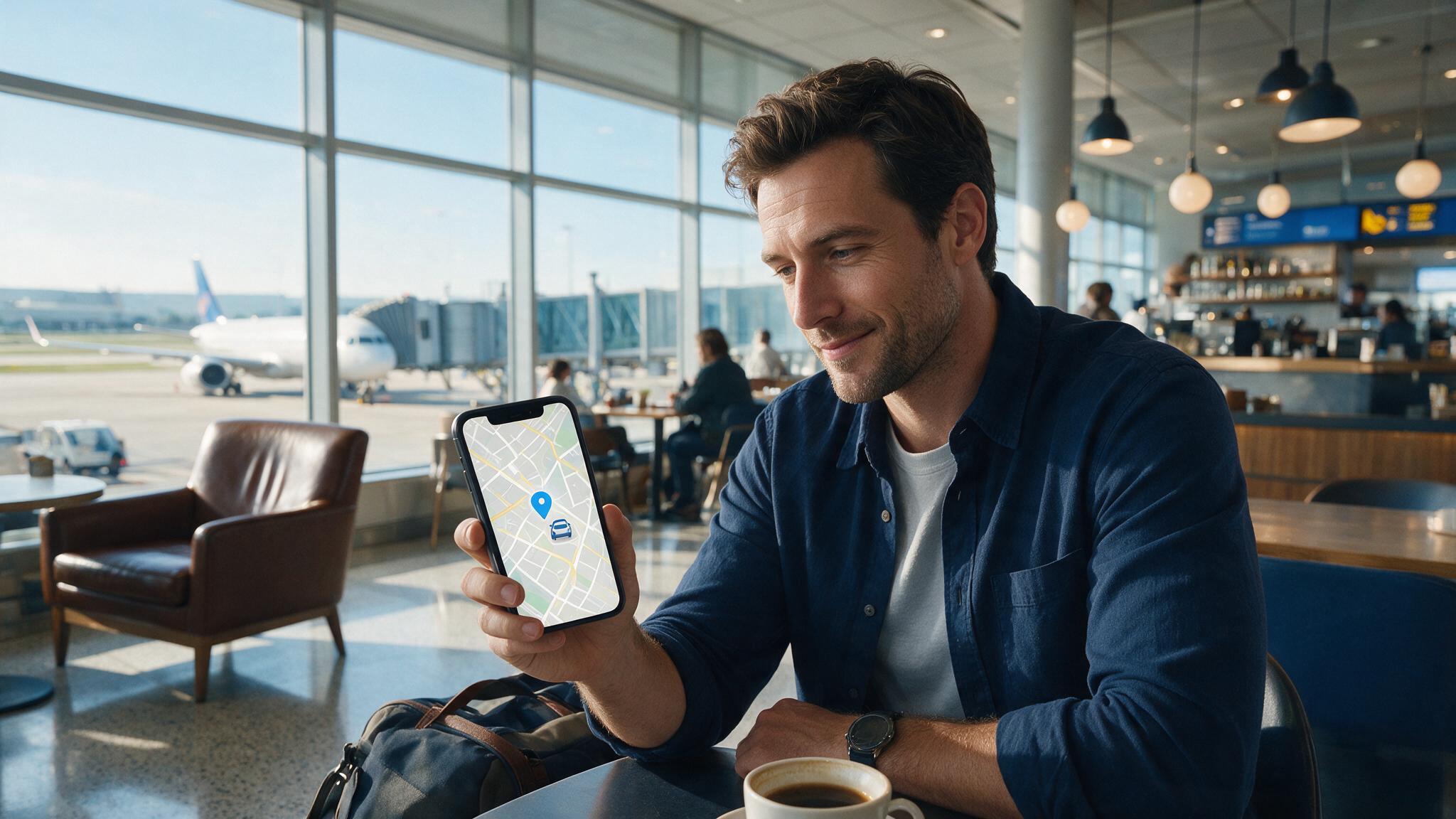 Propietario consultando la posición de su vehículo desde la app de Anukys en un aeropuerto