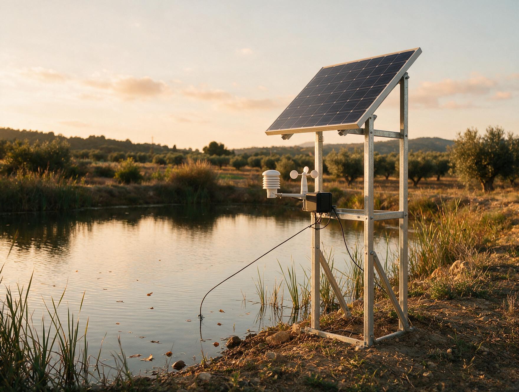 Estación de monitorización ambiental junto a un embalse agrícola