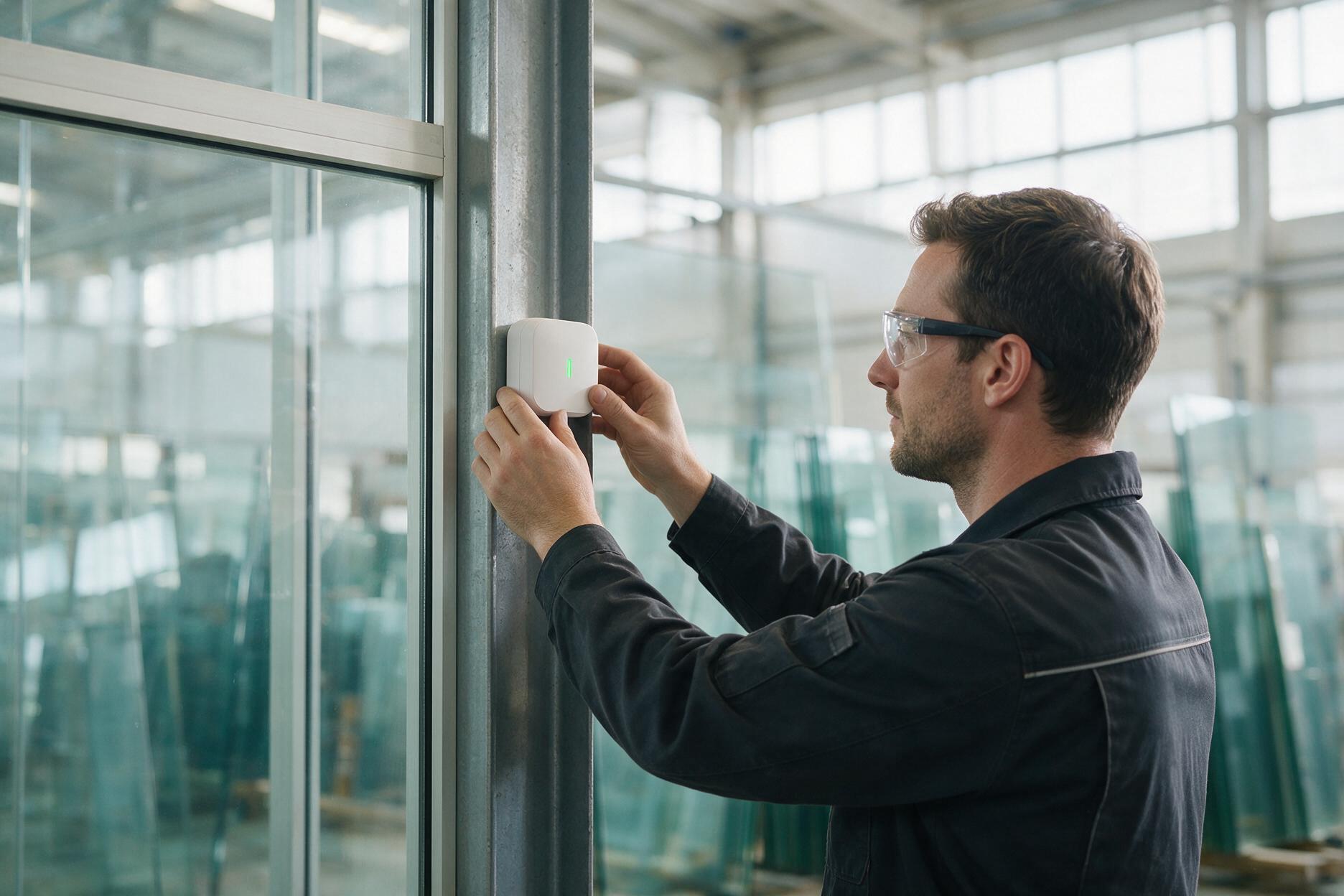 Técnico de Anukys instalando un sensor ambiental en la planta de vidrio