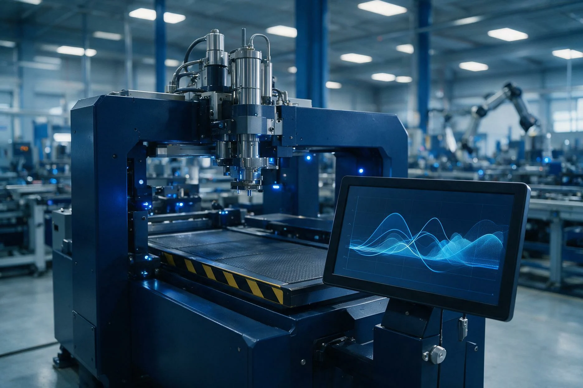 Maquinaria industrial con monitor de optimización de procesos