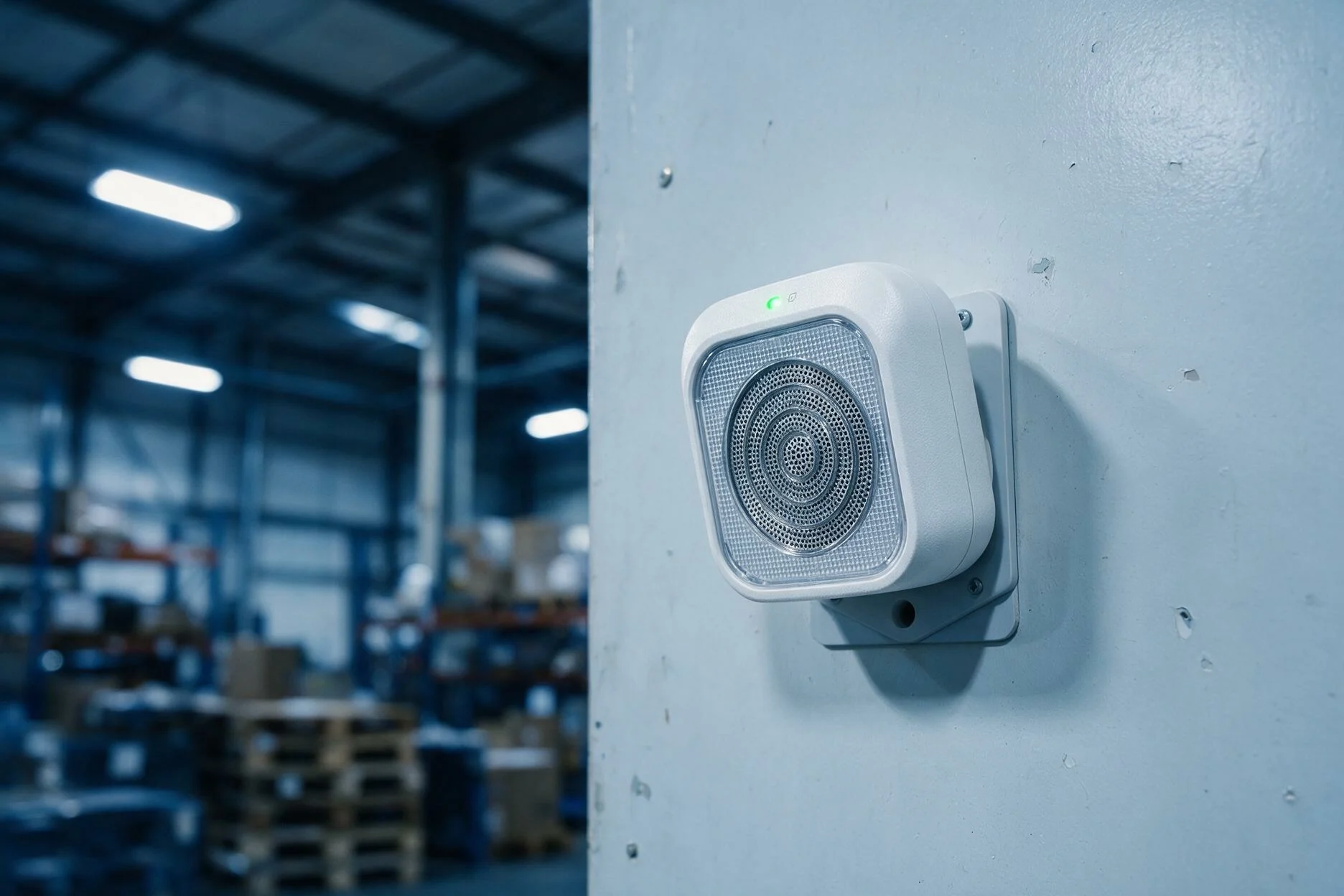 Sensor IoT inalámbrico instalado en pared industrial