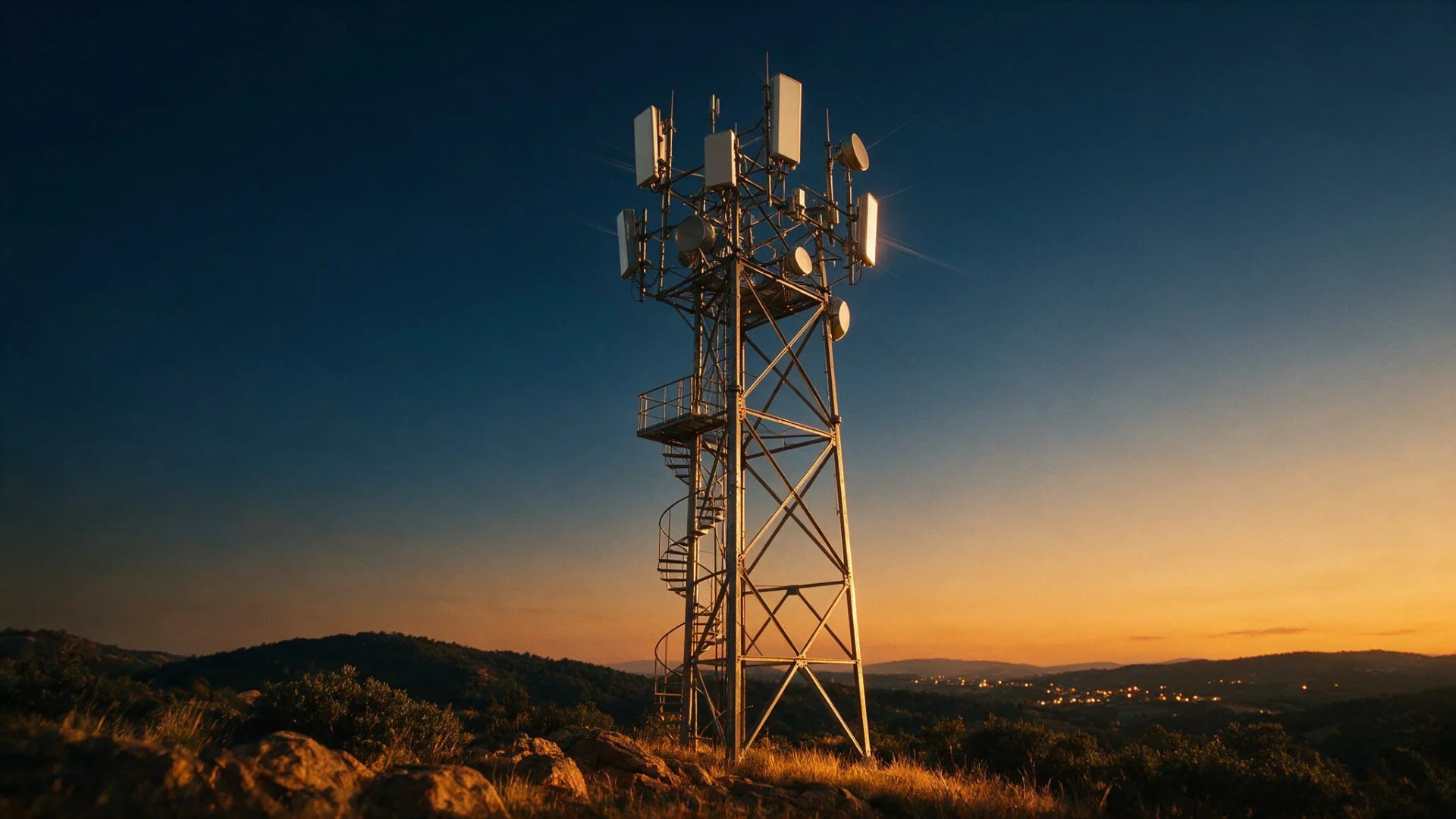 Antena de telecomunicaciones al atardecer: la conectividad que sostiene la geolocalización