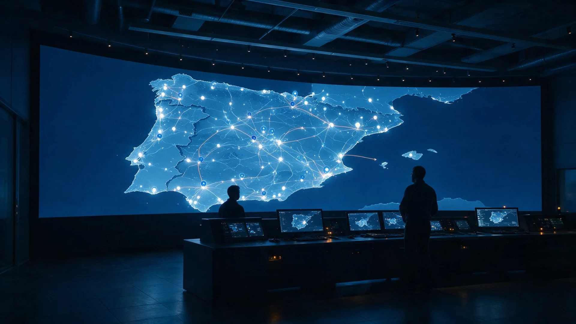 Sala de operaciones con el mapa de una flota geolocalizada en tiempo real