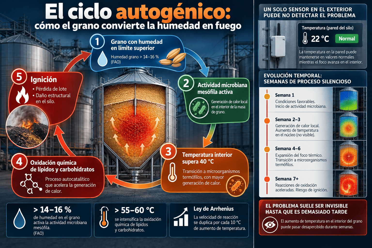 Ciclo autogénico de calentamiento del grano en silos