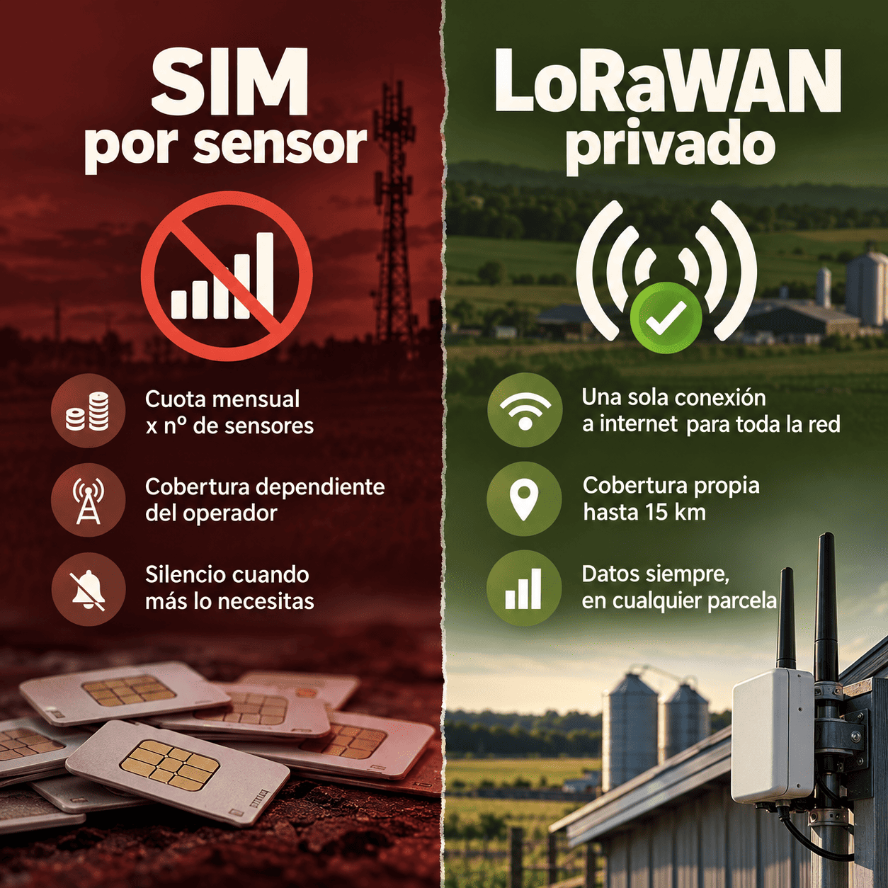 Comparativa entre monitorización con SIM por sensor y red LoRaWAN privada en explotaciones agrícolas