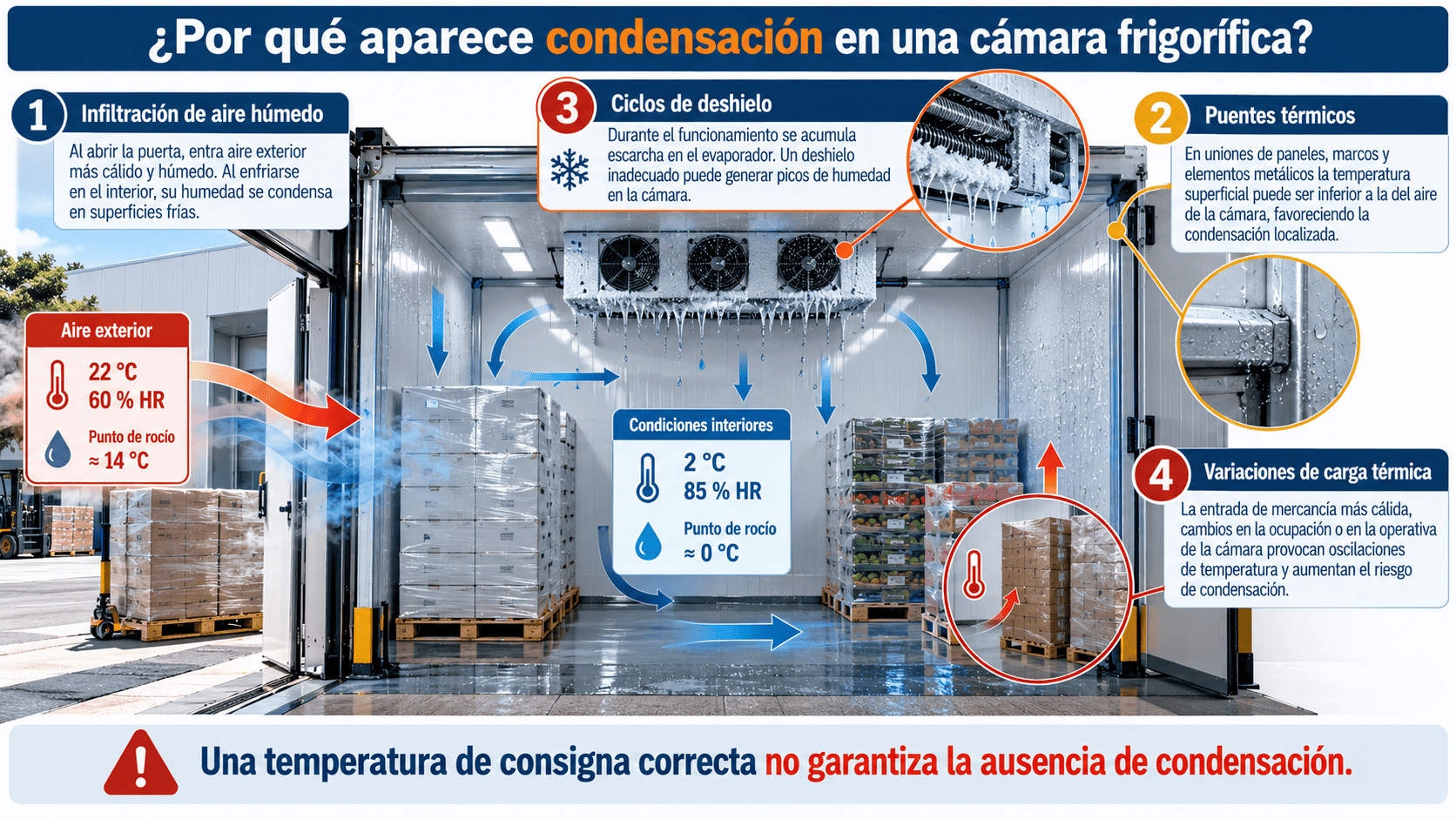 Causas de condensación en cámaras frigoríficas: infiltración de aire, puentes térmicos, deshielo y carga térmica