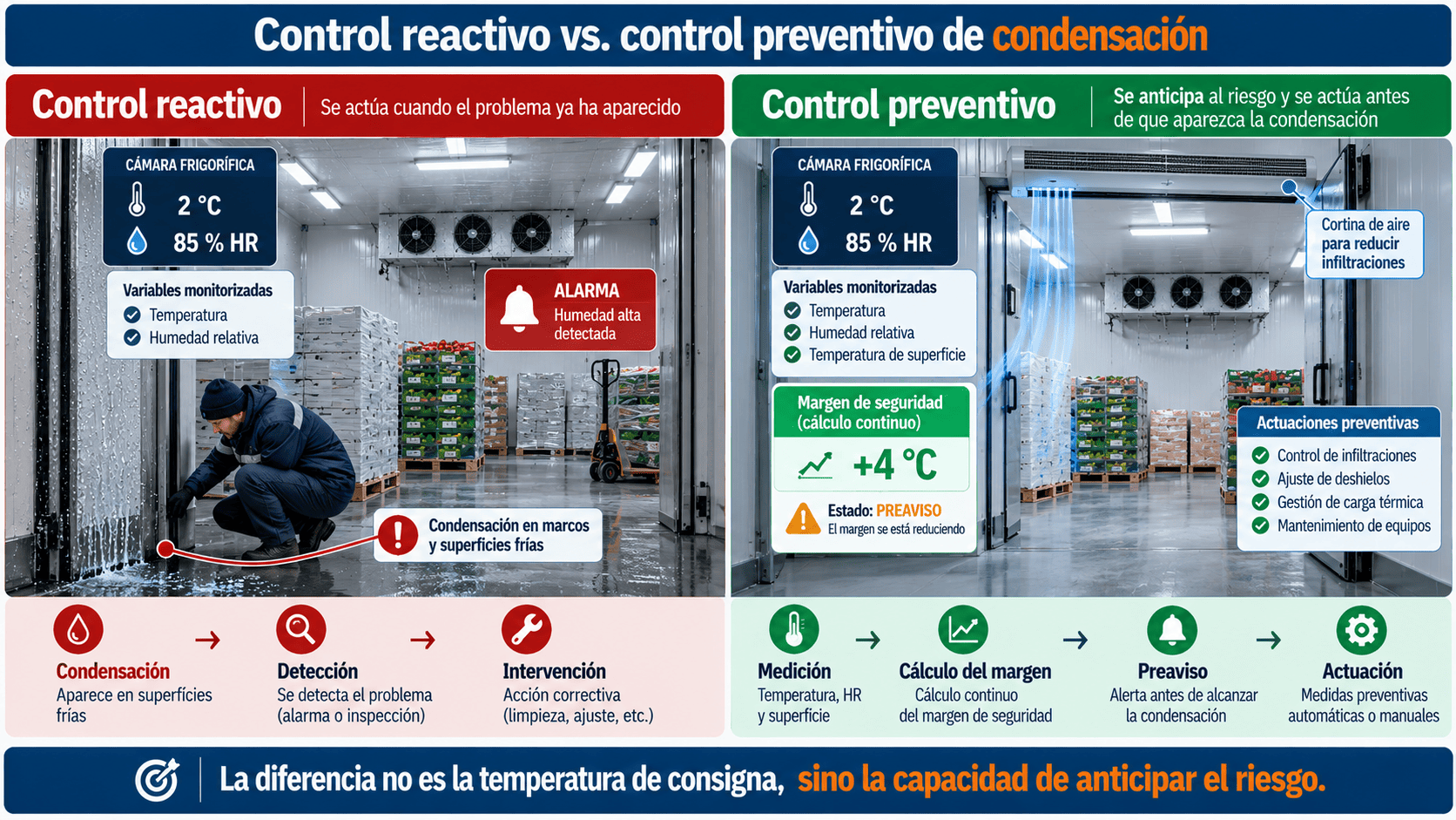 Comparativa de control reactivo y preventivo de condensación en cámaras frigoríficas