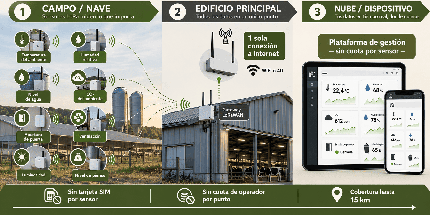 Diagrama de red LoRaWAN privada en una granja con sensores de campo, gateway y plataforma de datos