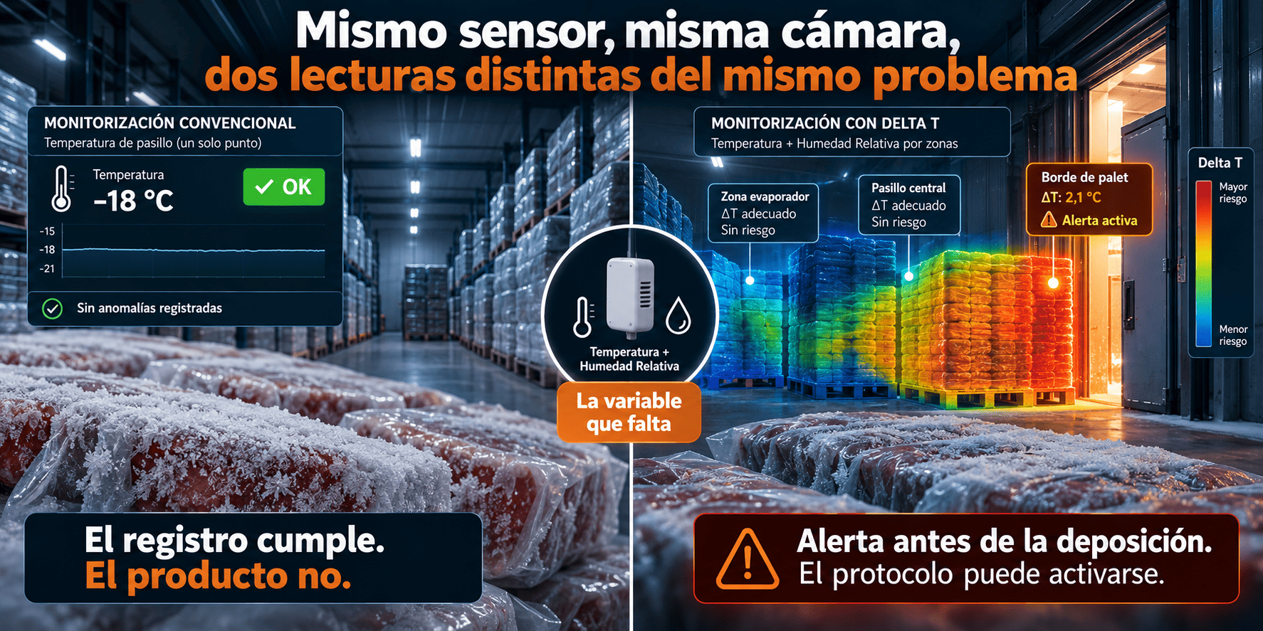 Comparación de dos lecturas de temperatura y Delta T en una cámara frigorífica