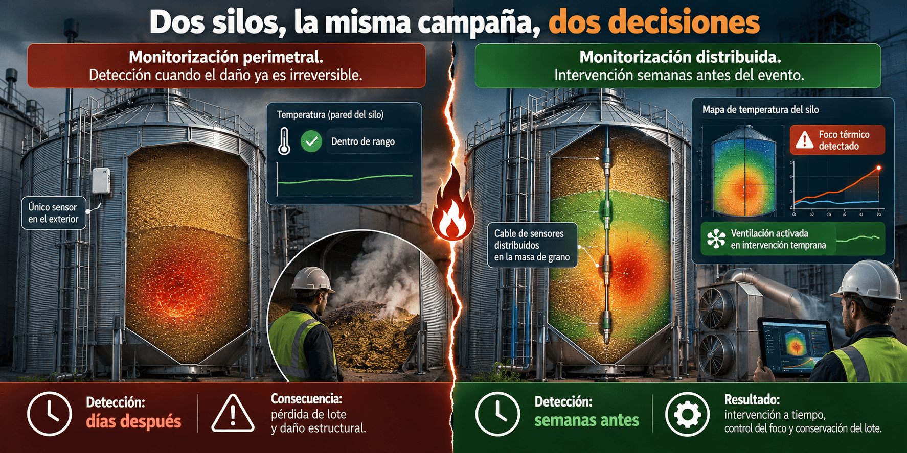 Comparación de dos silos y sus decisiones de monitorización