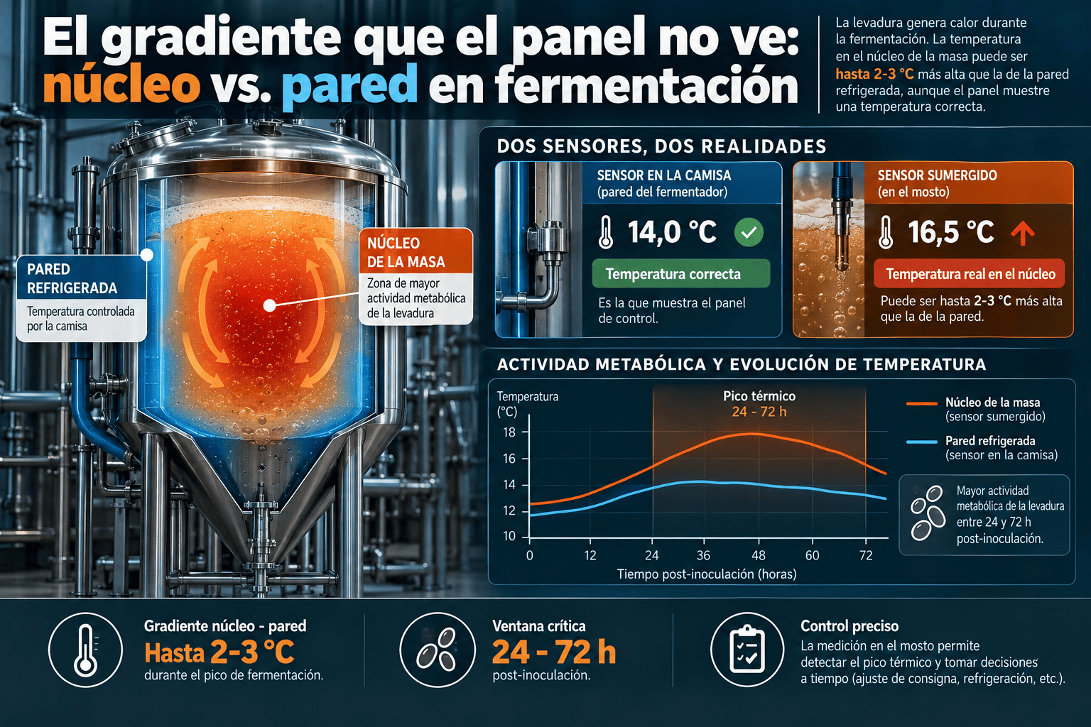 Infografía del gradiente térmico entre el núcleo del mosto y la pared refrigerada de un fermentador cilindrocónico