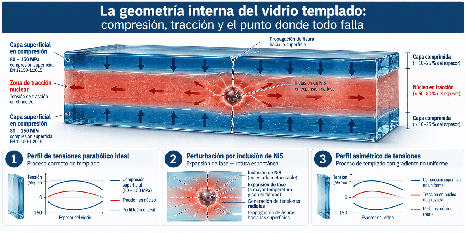 Infografía técnica de tensiones del vidrio templado