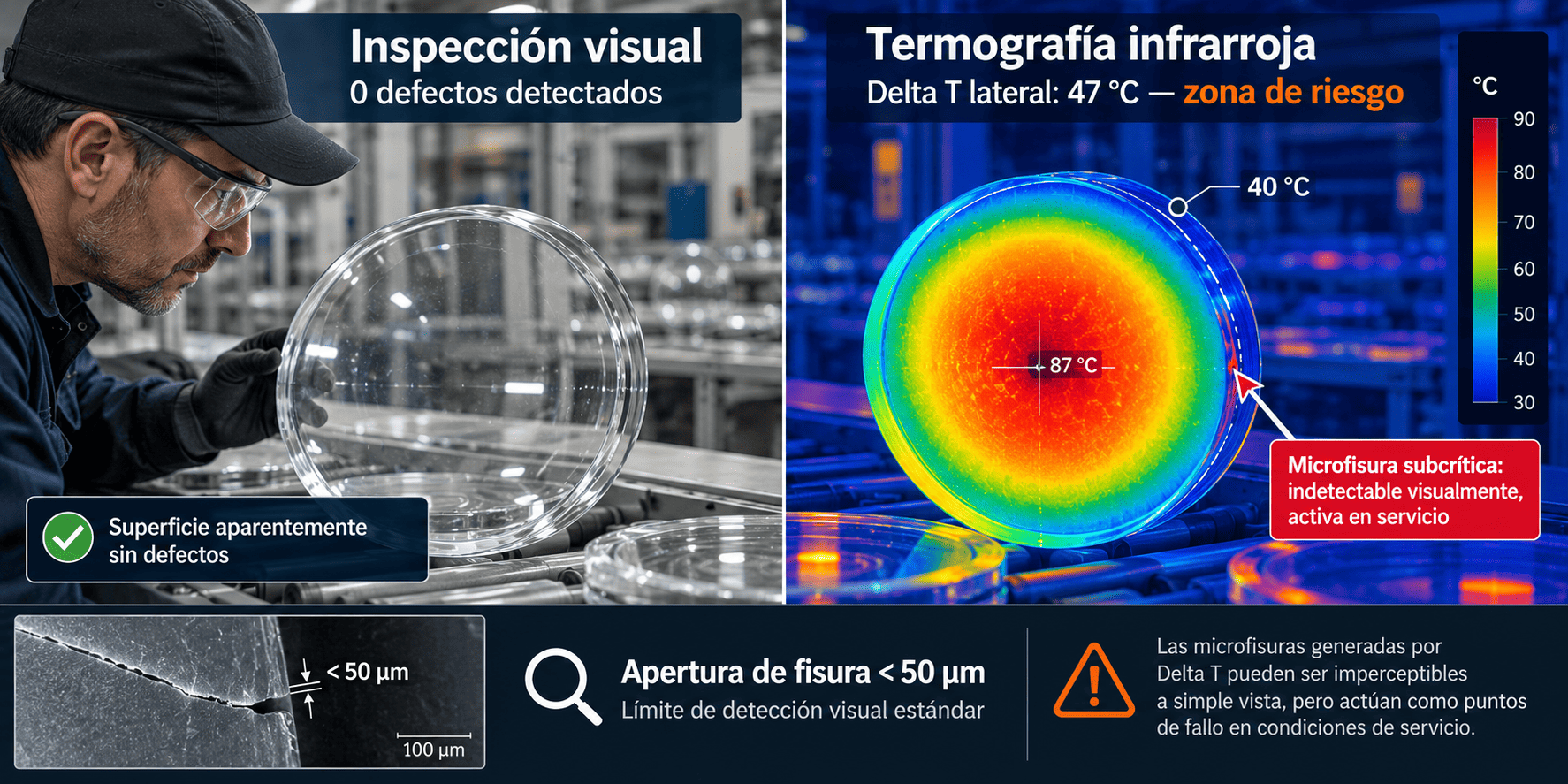Inspección visual y termografía para detectar microfisuras en vidrio