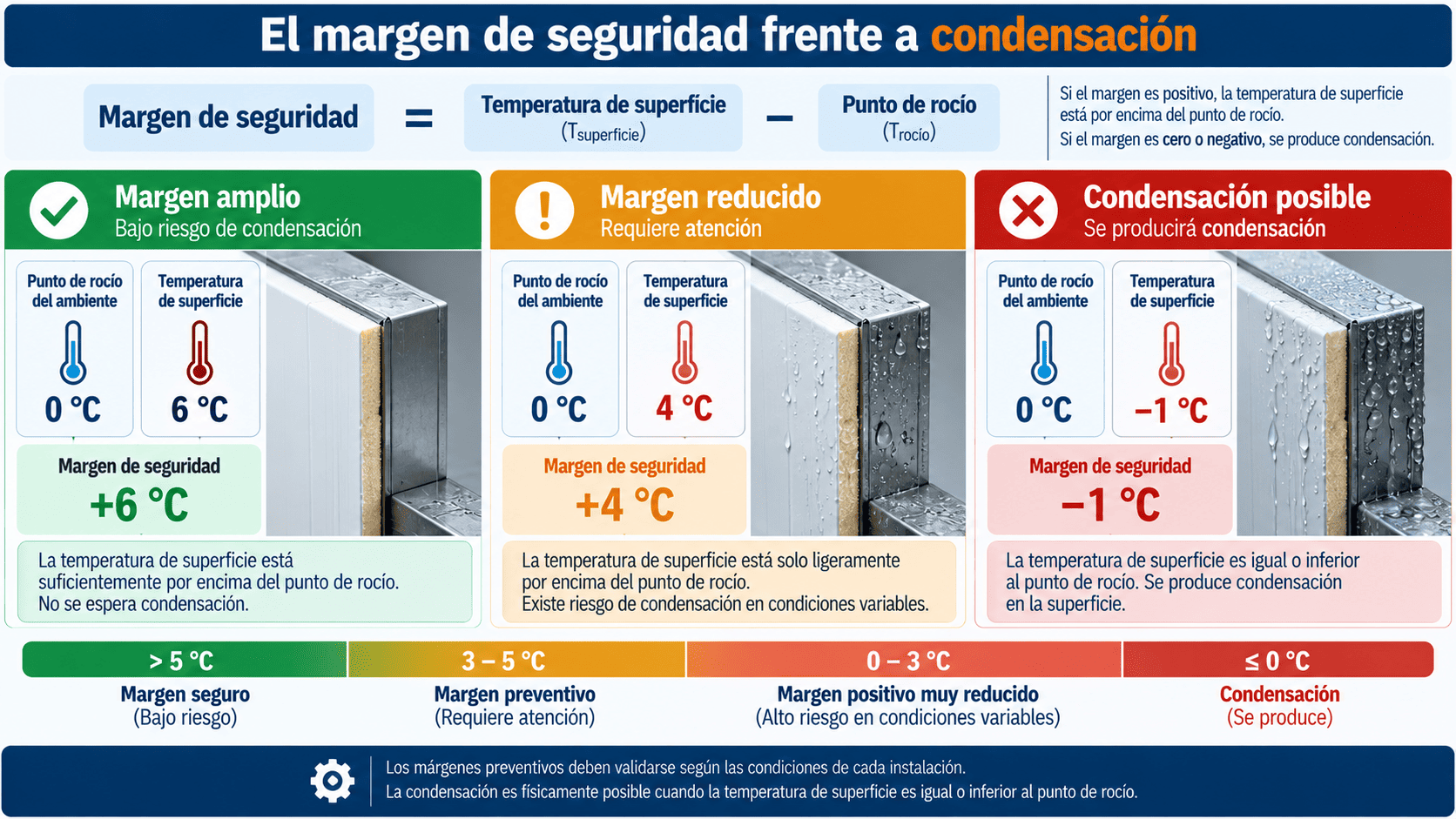 Margen de seguridad frente a condensación según la temperatura superficial y el punto de rocío