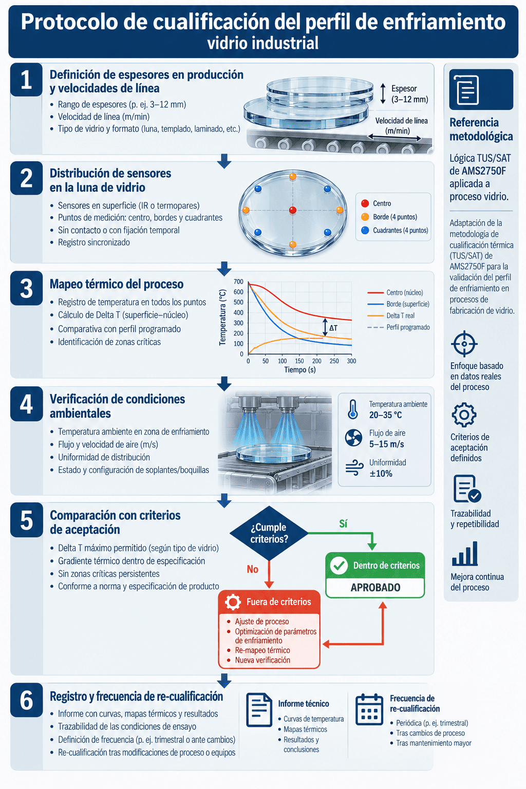 Protocolo de enfriamiento del vidrio y control del Delta T